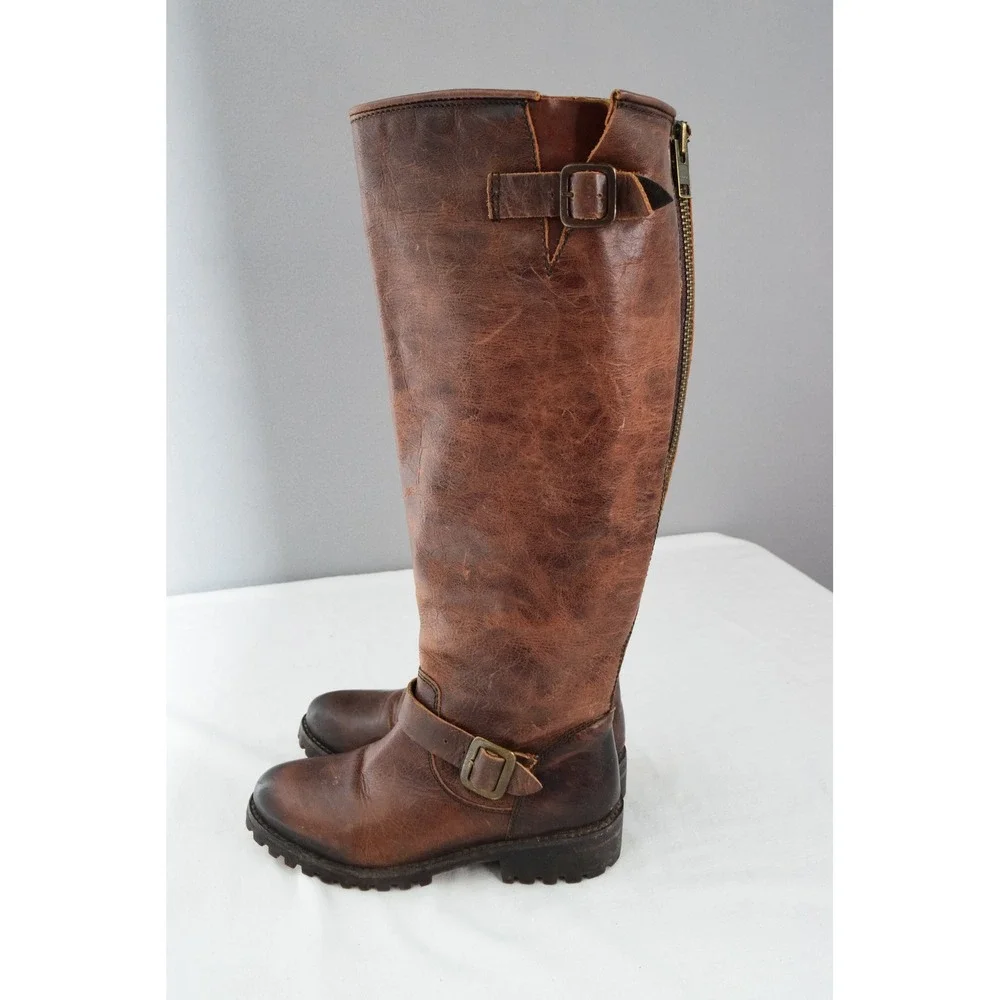 Freebird Leather Knee High Boots 6 Battle Brown Riding Motorcycle Buckle Zip